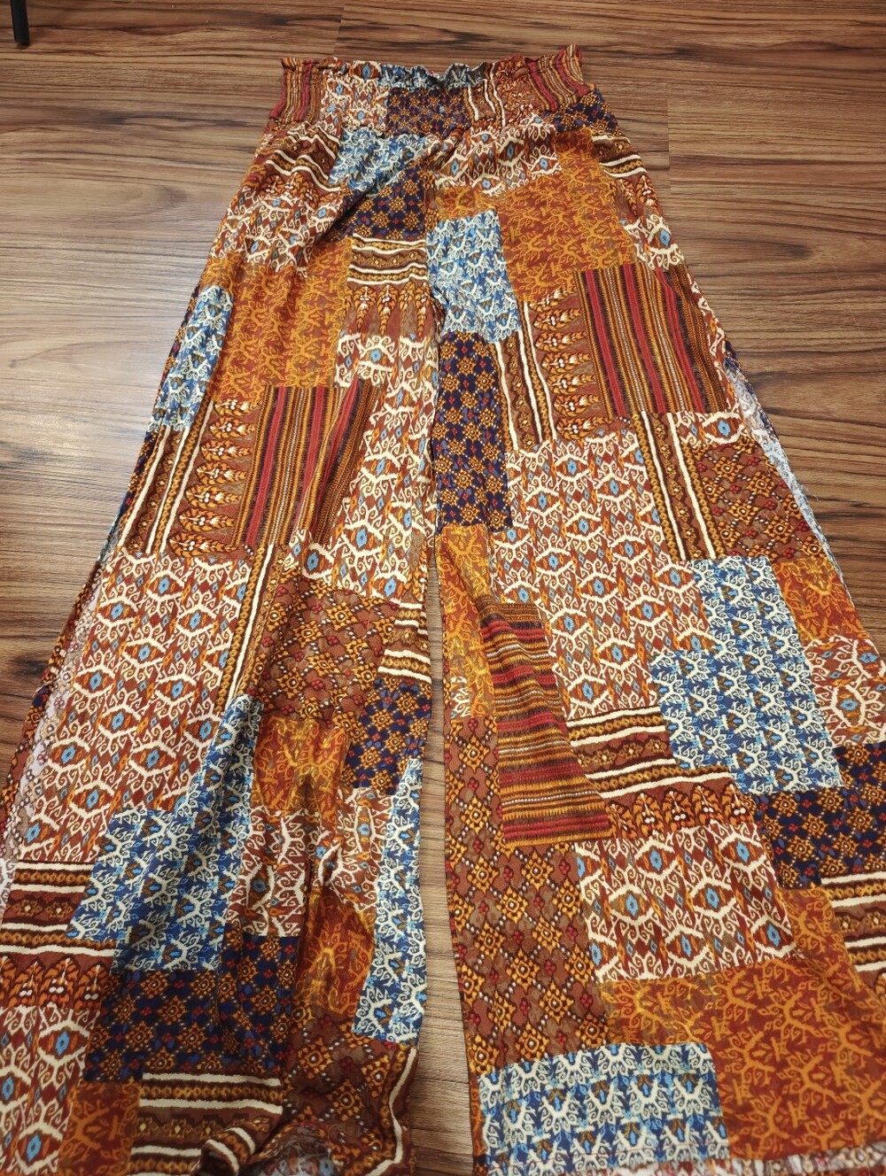 Main Strip Patchwork Wide-Leg Split Pants in Rust & Blue - Picture 3 of 8